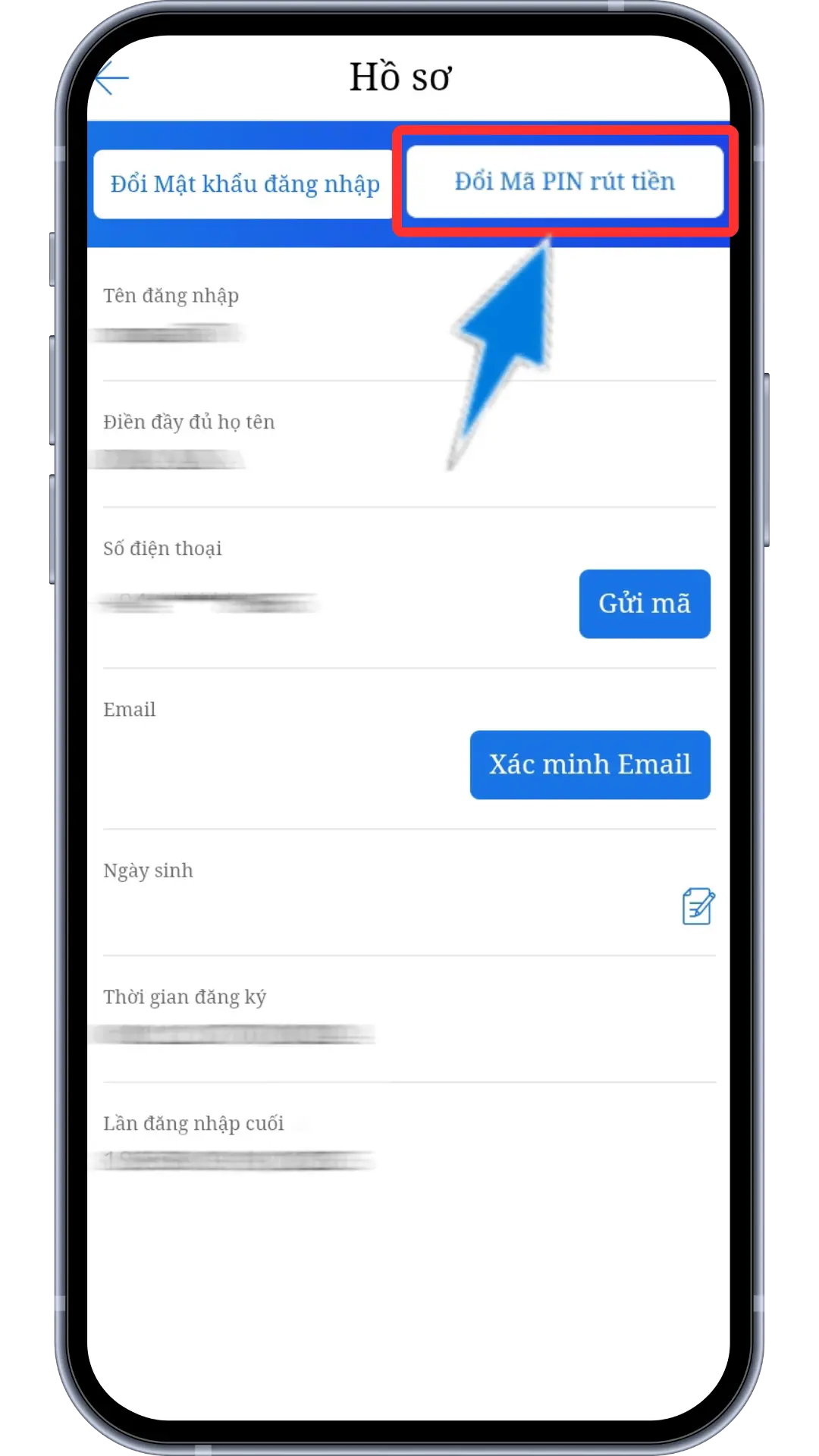 Bước 3 : Chọn Đổi Mã PIN Rút Tiền